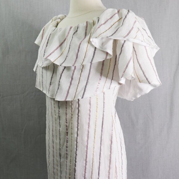 Charles Henry Off Shoulder Dress M White & Metallic Stripe Ruffle Popover Summer - Picture 6 of 16